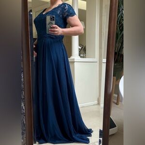 La Femme Navy Blue Lace Dress. Mother of the Bride! Flows as you walk!